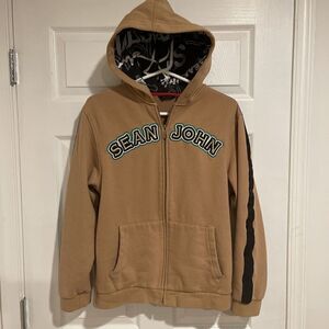 Sean John Jacket Hoodie Boy's Size Large Full Zip Up Tan With Black Stripe